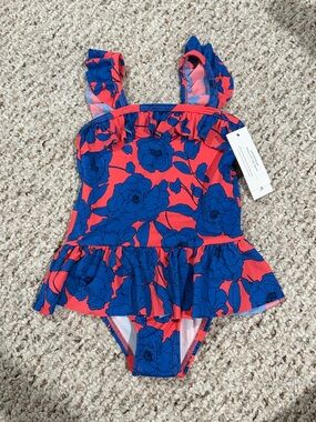 NWT Janie and Jack Coral and Blue Floral Peplum Ruffle One-Piece Swimsuit 2t